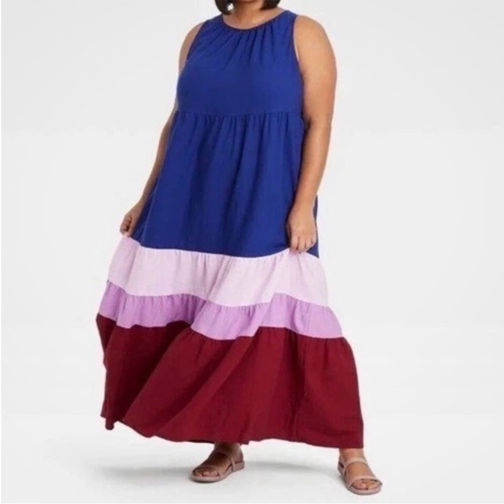 Ava & Viv Colorblock Maxi Dress - Blue, Pink, Red